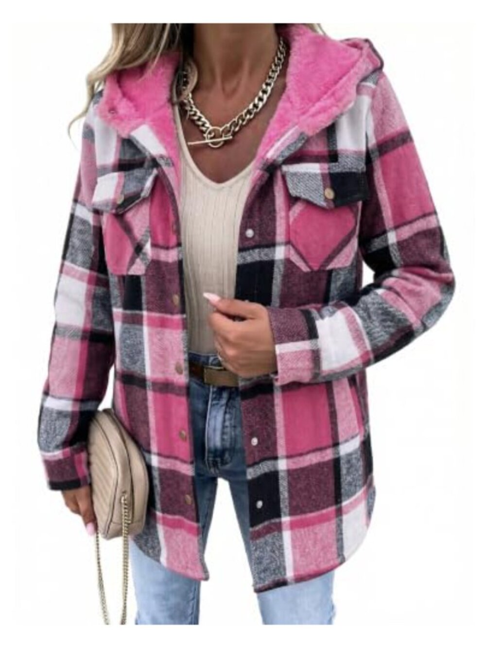 Plaid Shacket Jacket Sherpa Lined Hooded Oversized Warm Coat